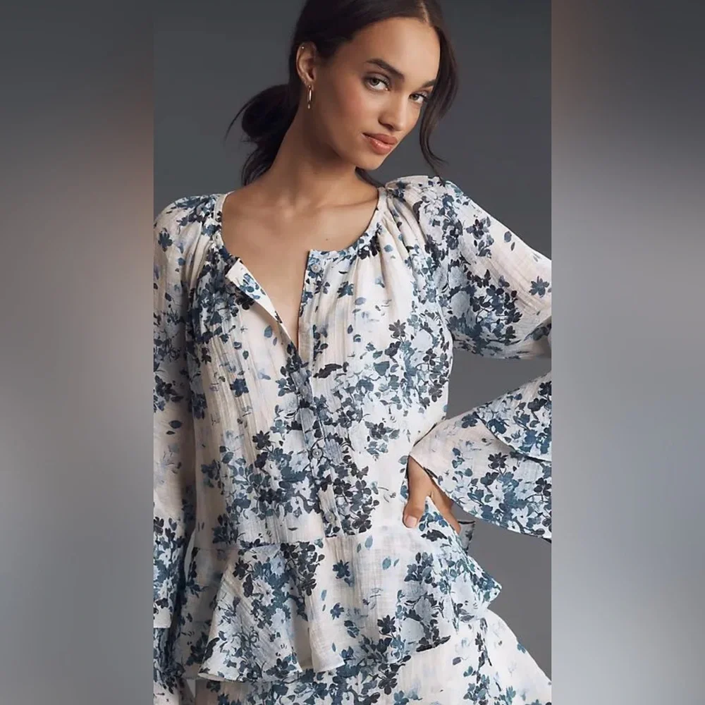 Anthropologie Maeve long sleeve v neck mini swing dress - Picture 1 of 7